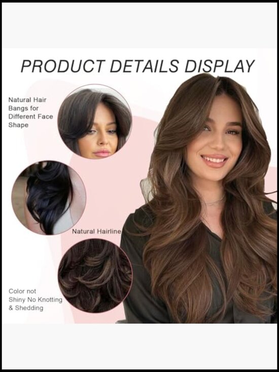 Long Wavy Layered Wig with Curtain Bangs Heat Resistant Full Head 24 inch